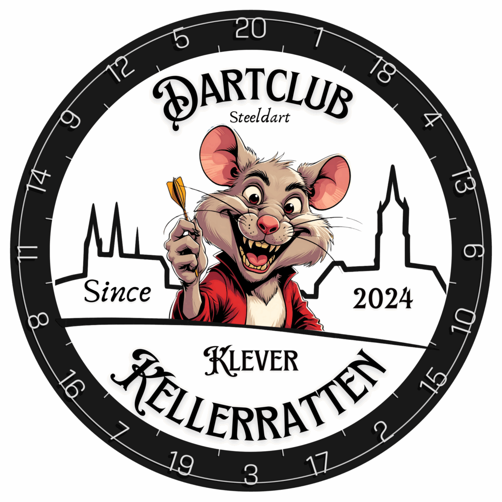„Das offizielle Logo der Klever Kellerratten – einem jungen Dartclub aus Kleve. Das moderne Design in Schwarz-Weiß repräsentiert Dynamik, Gemeinschaft und den sportlichen Ehrgeiz unseres Clubs. Mit dem Logo zeigen wir unsere Identität und unseren Anspruch, den Dartsport in Kleve aktiv zu fördern und gemeinsam weiterzuentwickeln.“