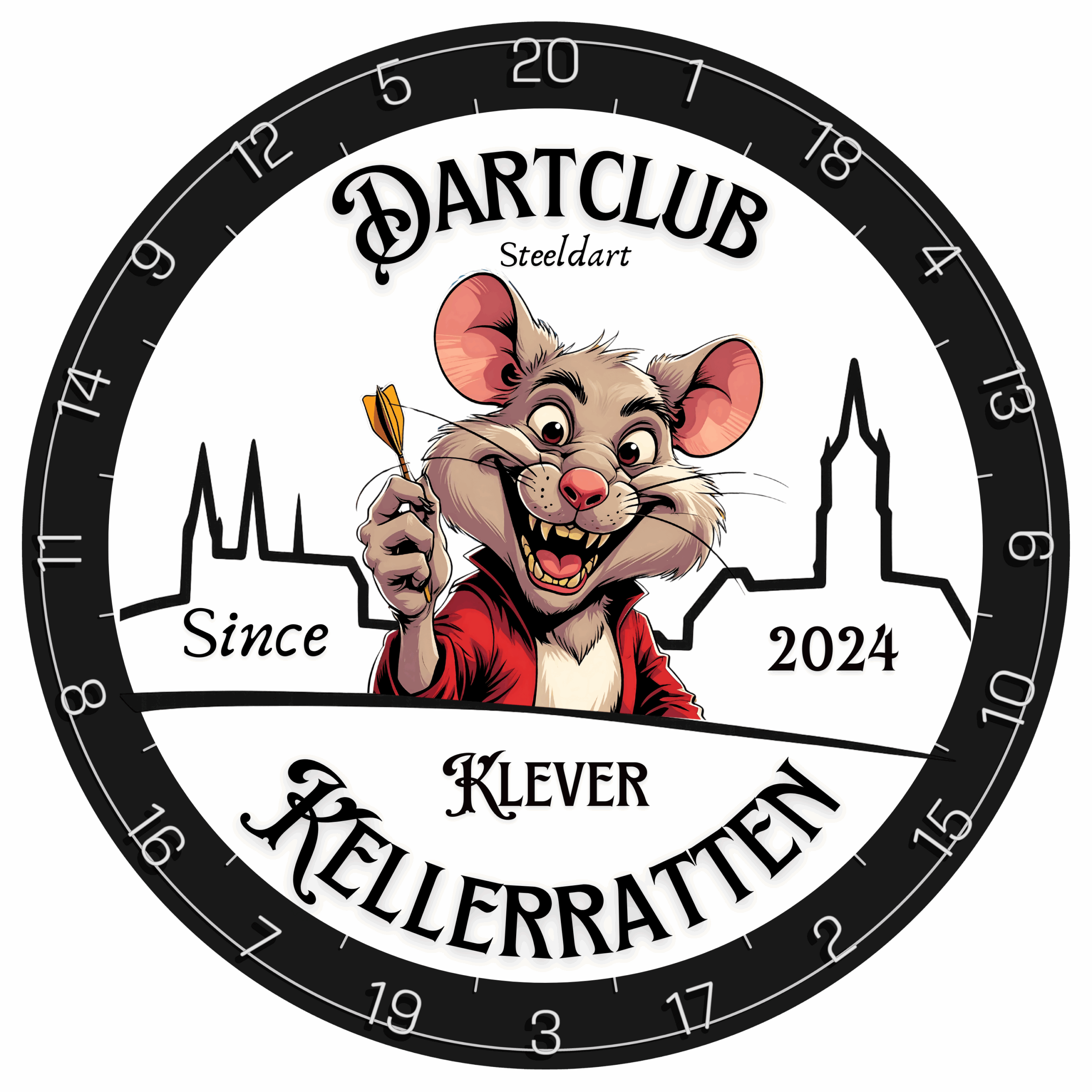 „Das offizielle Logo der Klever Kellerratten – einem jungen Dartclub aus Kleve. Das moderne Design in Schwarz-Weiß repräsentiert Dynamik, Gemeinschaft und den sportlichen Ehrgeiz unseres Clubs. Mit dem Logo zeigen wir unsere Identität und unseren Anspruch, den Dartsport in Kleve aktiv zu fördern und gemeinsam weiterzuentwickeln.“