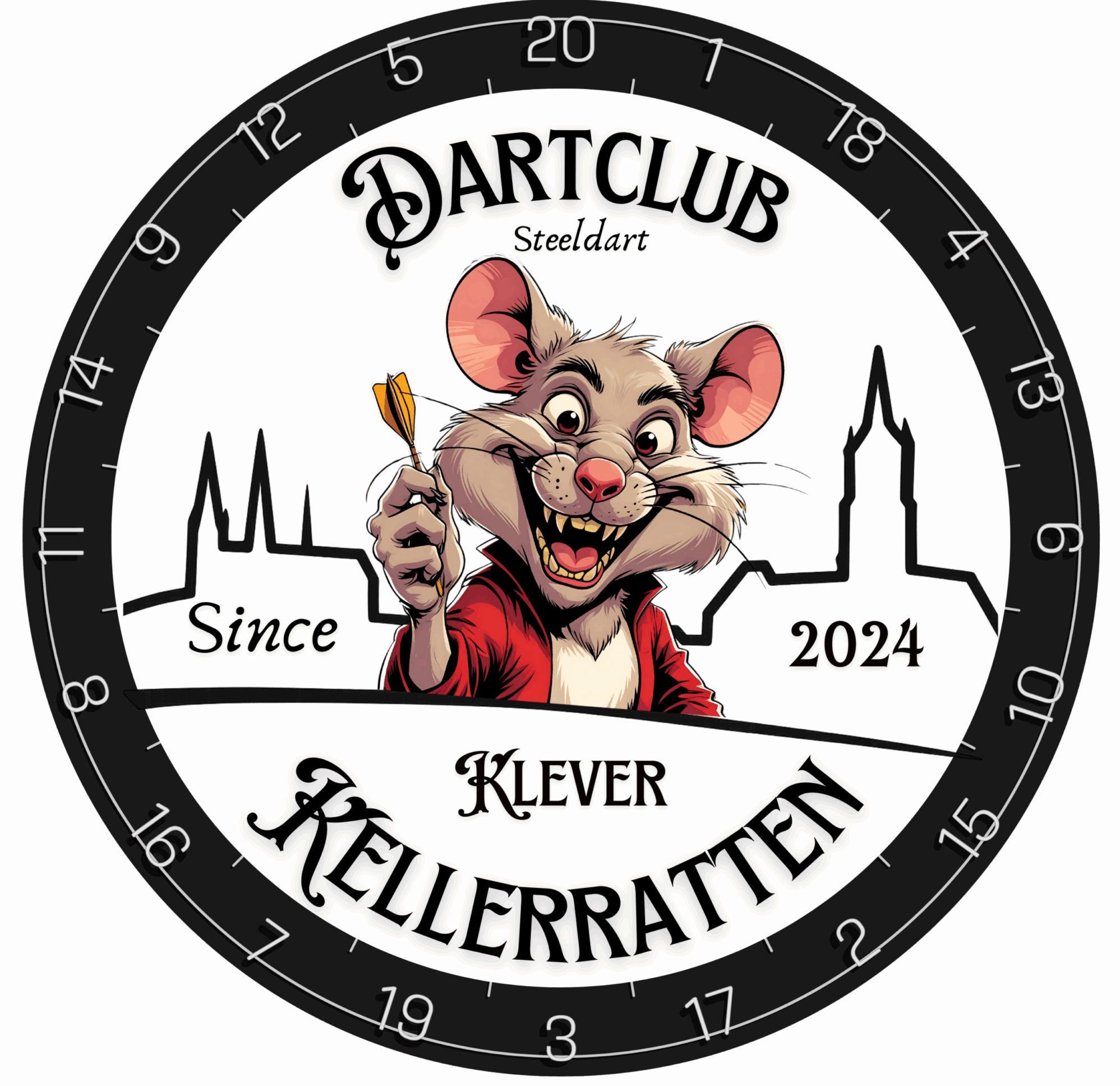 „Das offizielle Logo der Klever Kellerratten – einem jungen Dartclub aus Kleve. Das moderne Design in Schwarz-Weiß repräsentiert Dynamik, Gemeinschaft und den sportlichen Ehrgeiz unseres Clubs. Mit dem Logo zeigen wir unsere Identität und unseren Anspruch, den Dartsport in Kleve aktiv zu fördern und gemeinsam weiterzuentwickeln.“